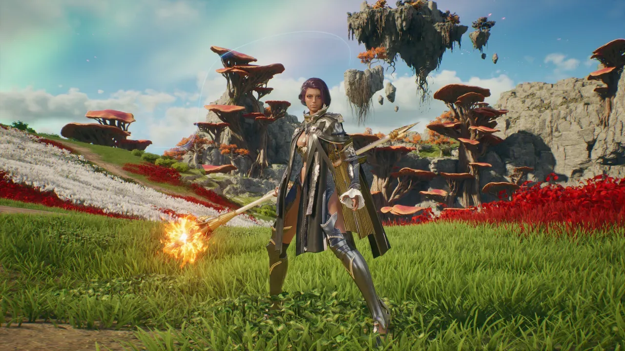 A character holding a long staff with a burning tip stands in green grass, with floating rocks and tall mushroom-shaped trees behind