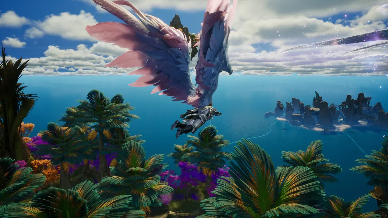 An armoured character with huge pink and blue feathered wings flying above palm trees towards a sea with rocky islands