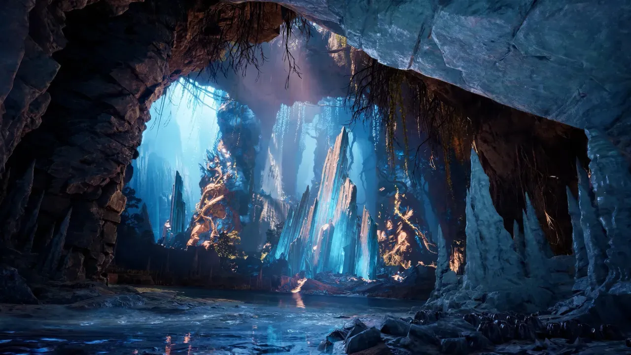 A cave mouth opening onto tall blue crystal spires, with roots hanging from the rock and water on the floor
