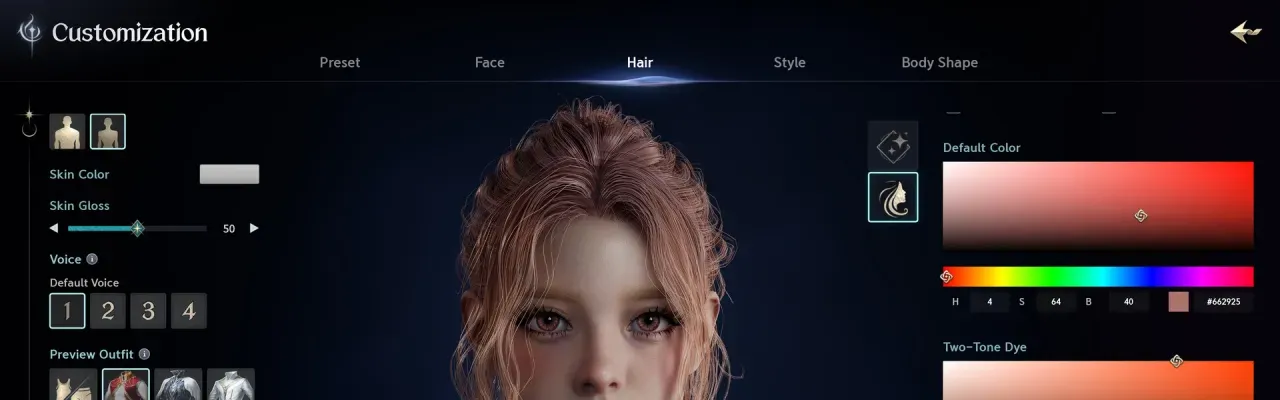 The top of the character customization screen with the tabs Preset, Face, Hair, Style and Body Shape