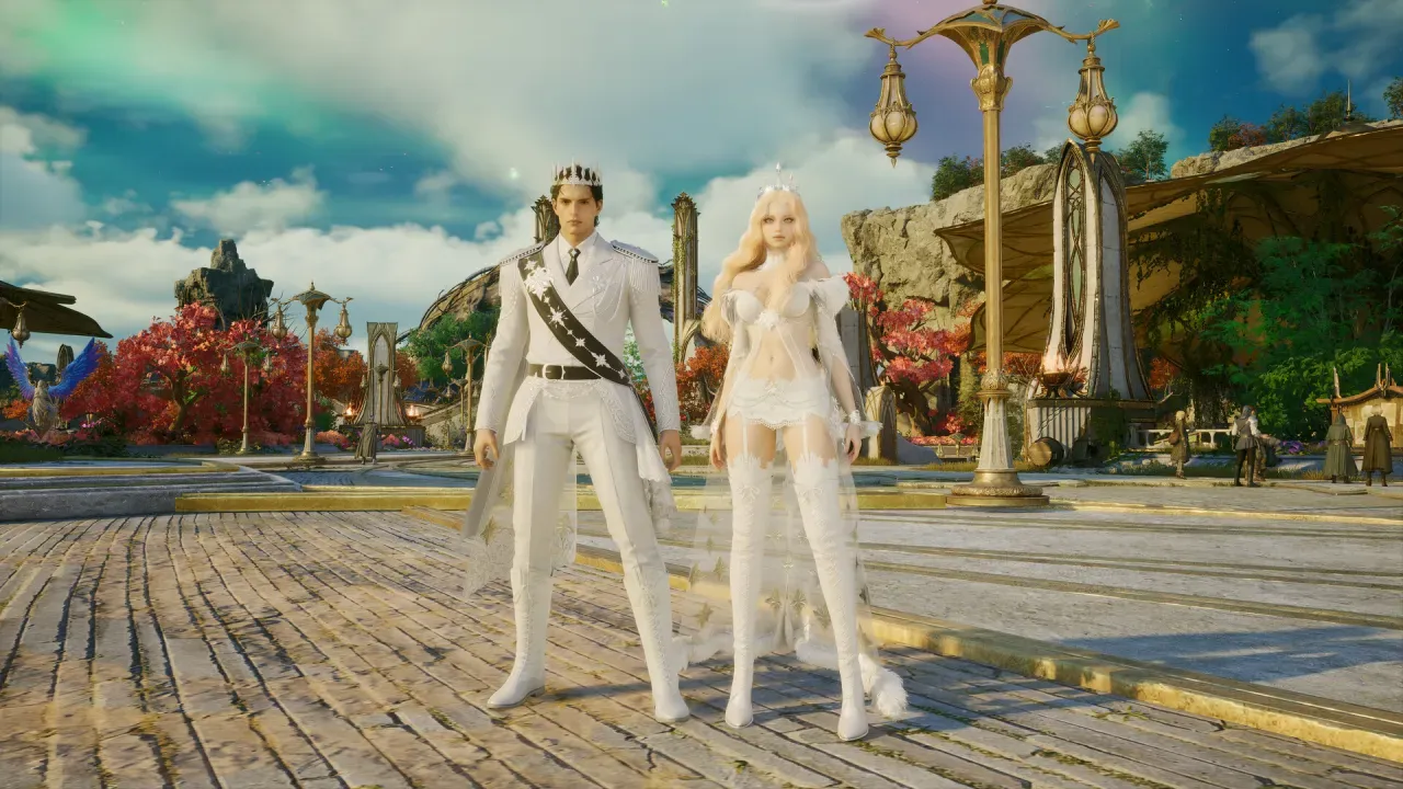 Two characters in matching white outfits and crowns standing side by side on a sunlit stone plaza