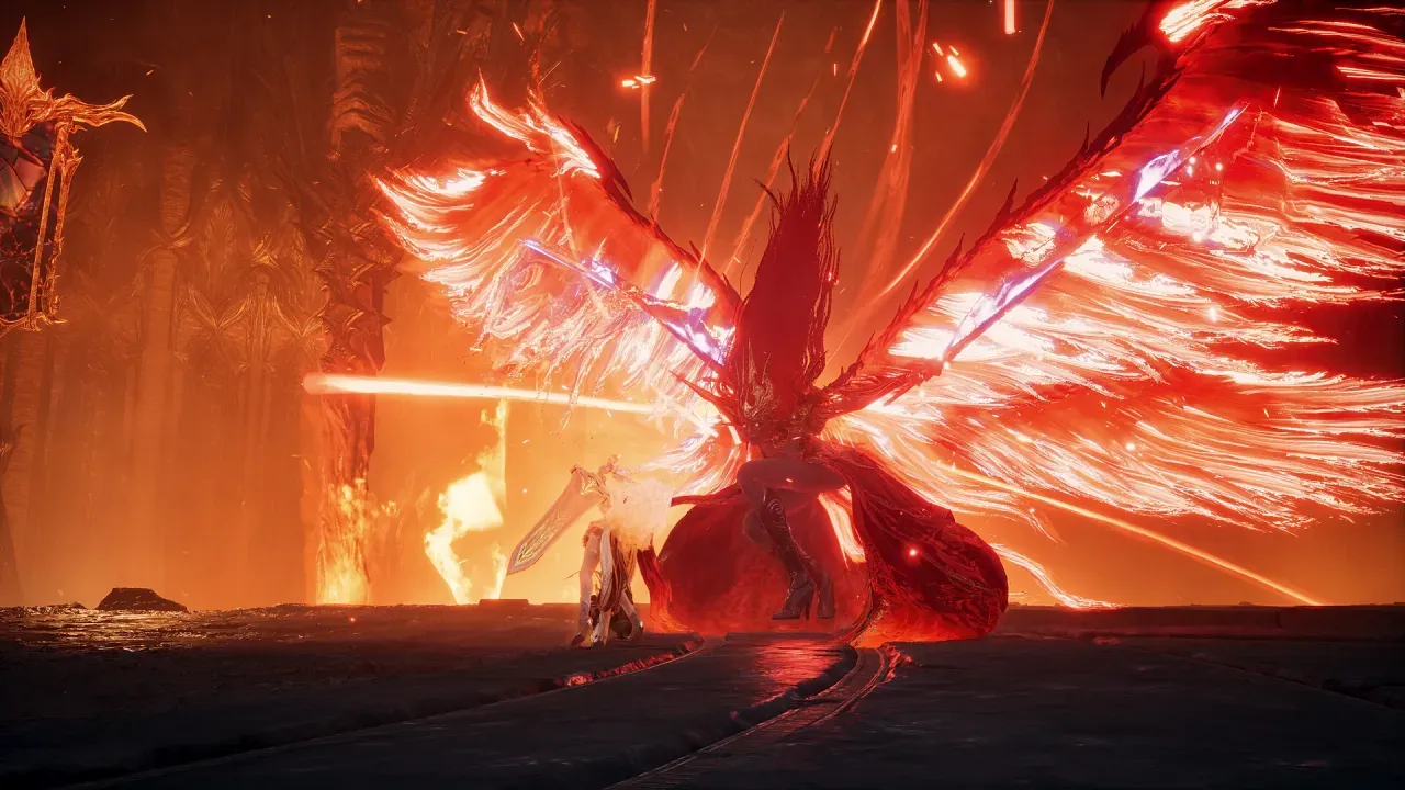 A sword-wielding character faces a huge figure with blazing red wings in a fiery hall