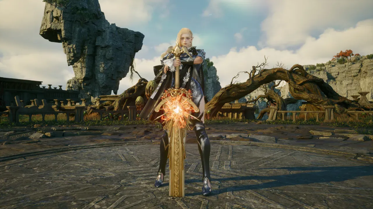A character standing on a stone plaza, holding a large golden greatsword with a glowing orange emblem