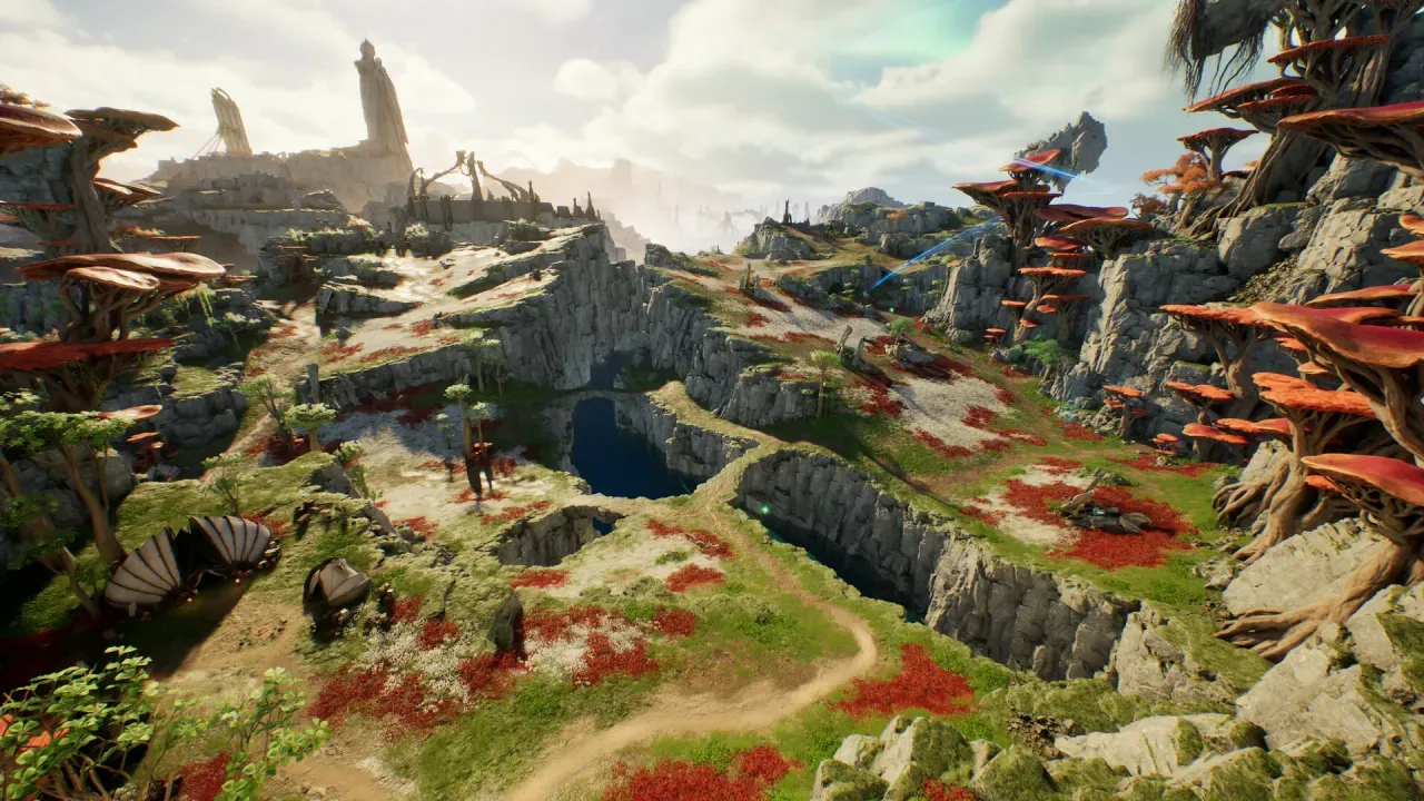 A wide view over green and red highland cut by deep chasms, with giant mushroom-like trees and a tall statue on the ridge