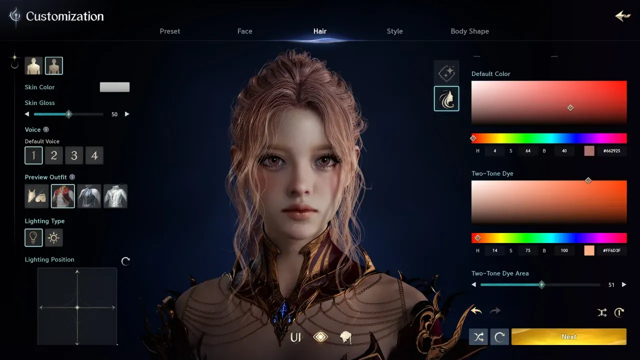 The character customization screen with a woman's face in the centre, tabs for Preset, Face, Hair, Style and Body Shape, and colour pickers on the right
