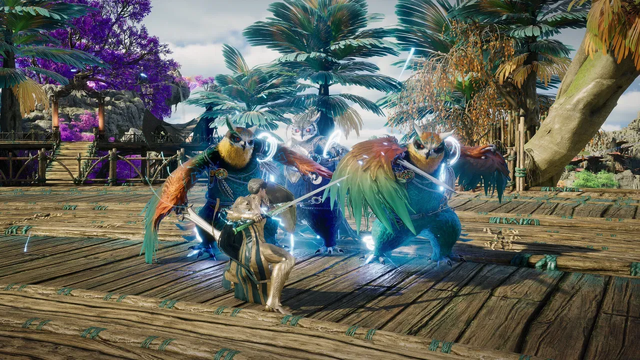 A character with a sword crouching in front of three large owl-like creatures on a wooden platform