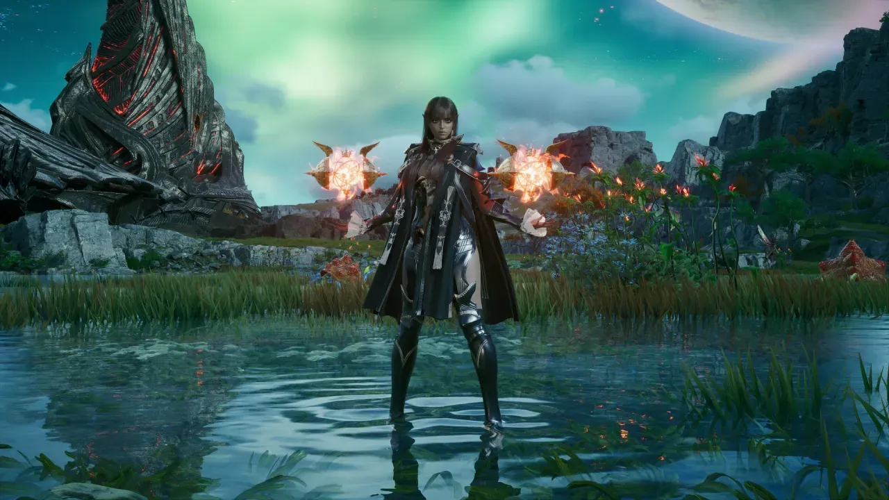 A character in a long dark coat standing in shallow water with a glowing orb floating beside each hand