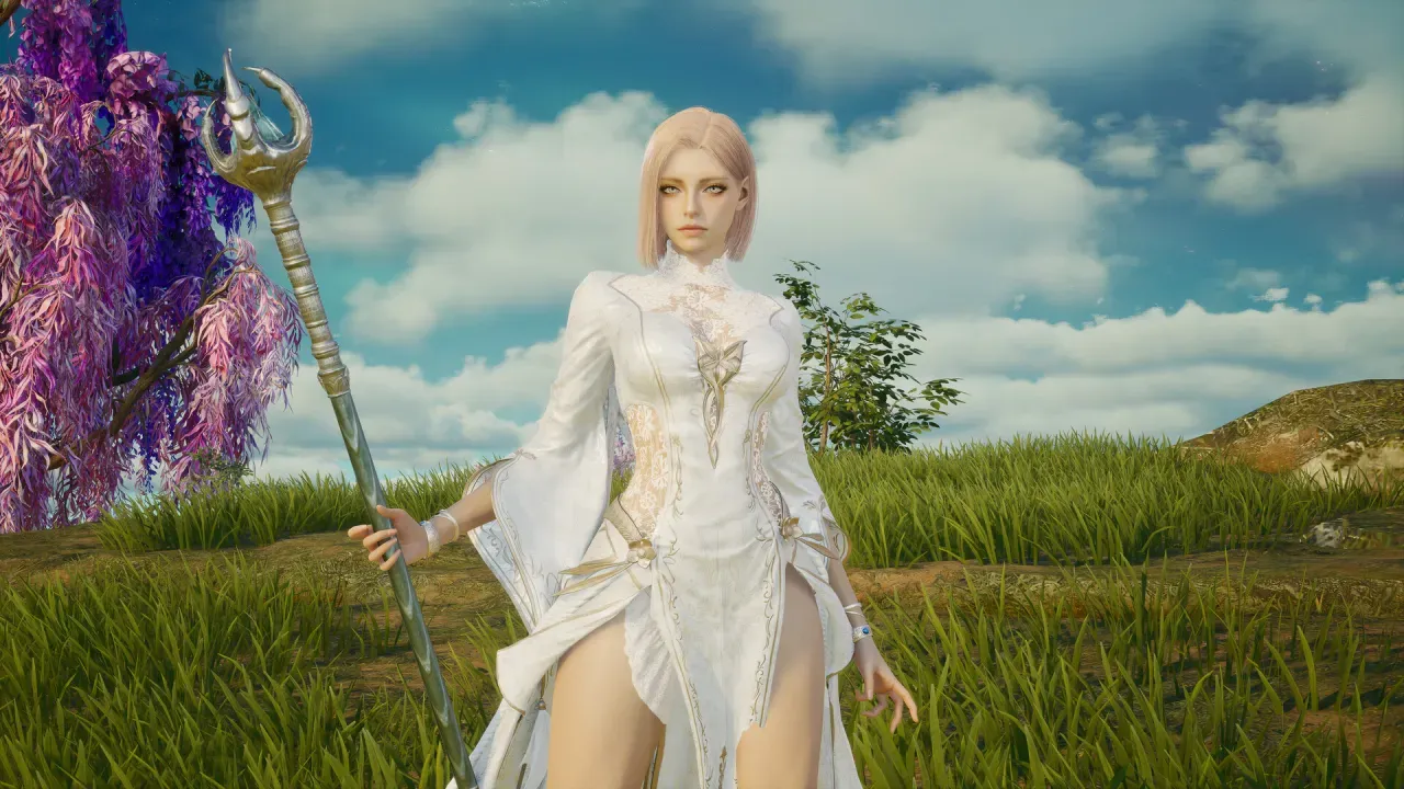 A pale-haired character in a white and gold dress holding a tall staff in a grassy meadow beside a purple tree